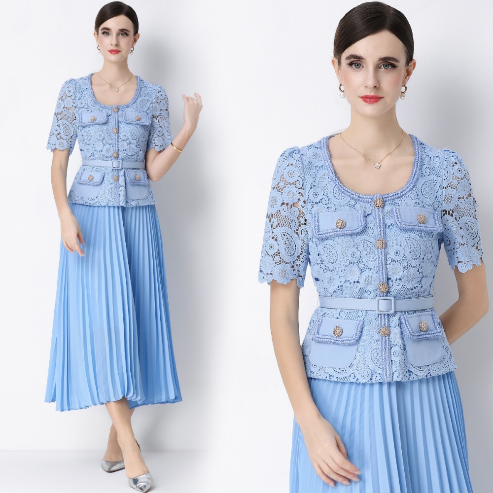 France style slim pleated Pseudo-two ladies splice dress