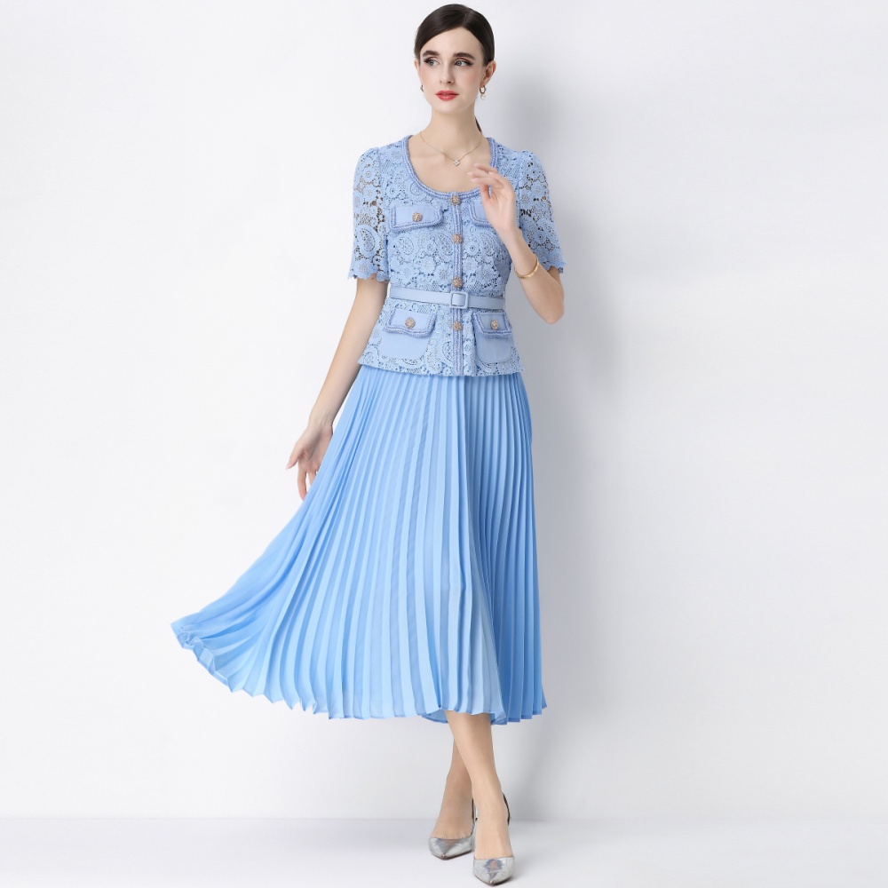 France style slim pleated Pseudo-two ladies splice dress