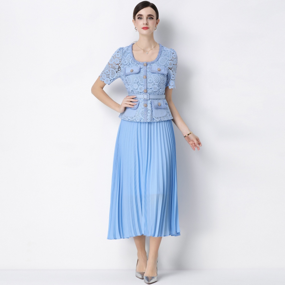 France style slim pleated Pseudo-two ladies splice dress