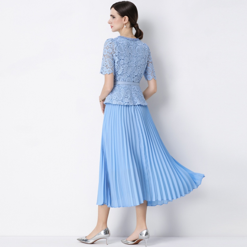 France style slim pleated Pseudo-two ladies splice dress