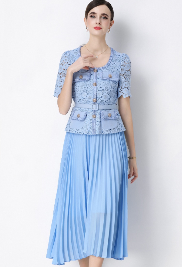 France style slim pleated Pseudo-two ladies splice dress