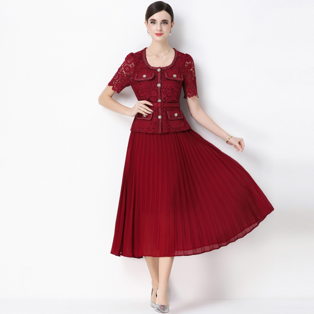 Light luxury ladies lace pleated long dress