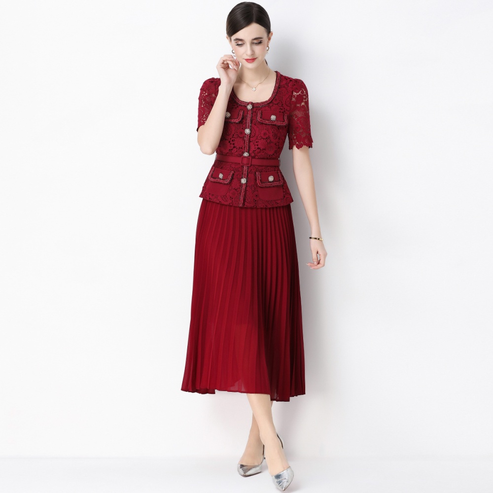 Light luxury ladies lace pleated long dress