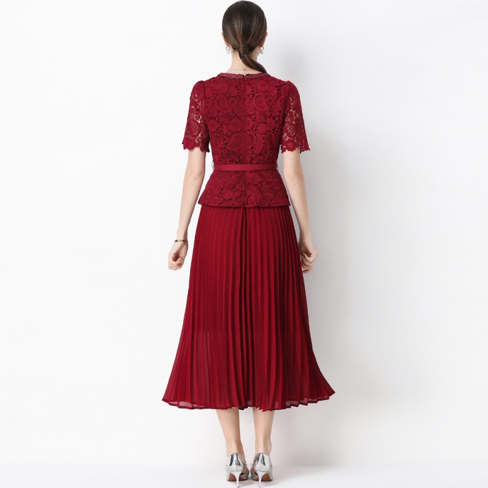 Light luxury ladies lace pleated long dress