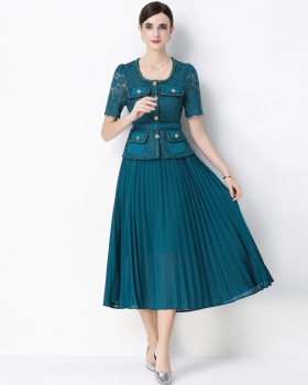 Pseudo-two ladies France style pleated splice dress