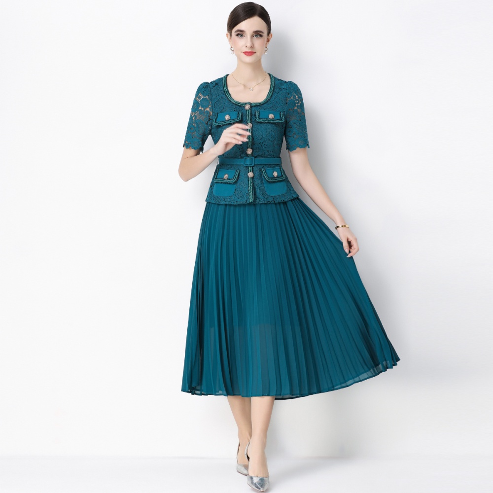 Pseudo-two ladies France style pleated splice dress
