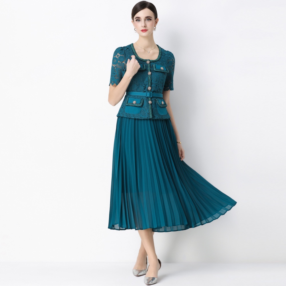 Pseudo-two ladies France style pleated splice dress
