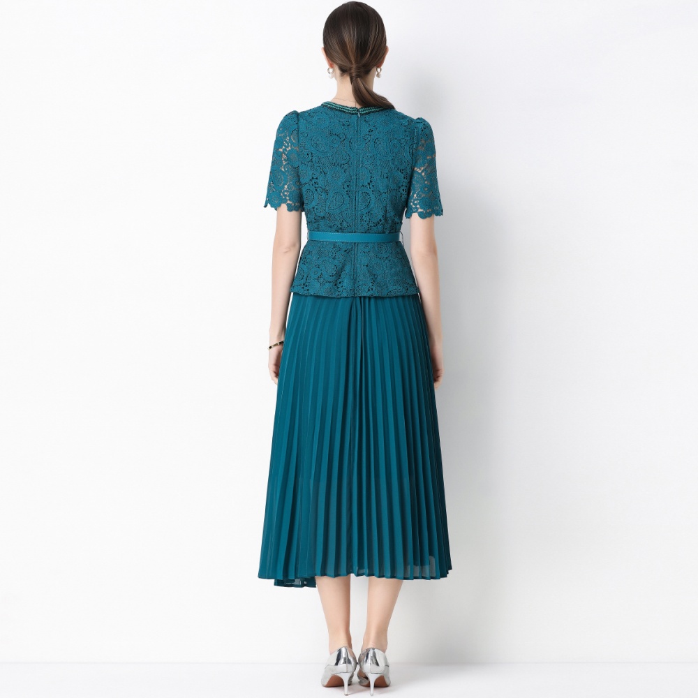 Pseudo-two ladies France style pleated splice dress