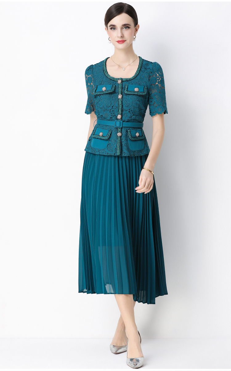 Pseudo-two ladies France style pleated splice dress