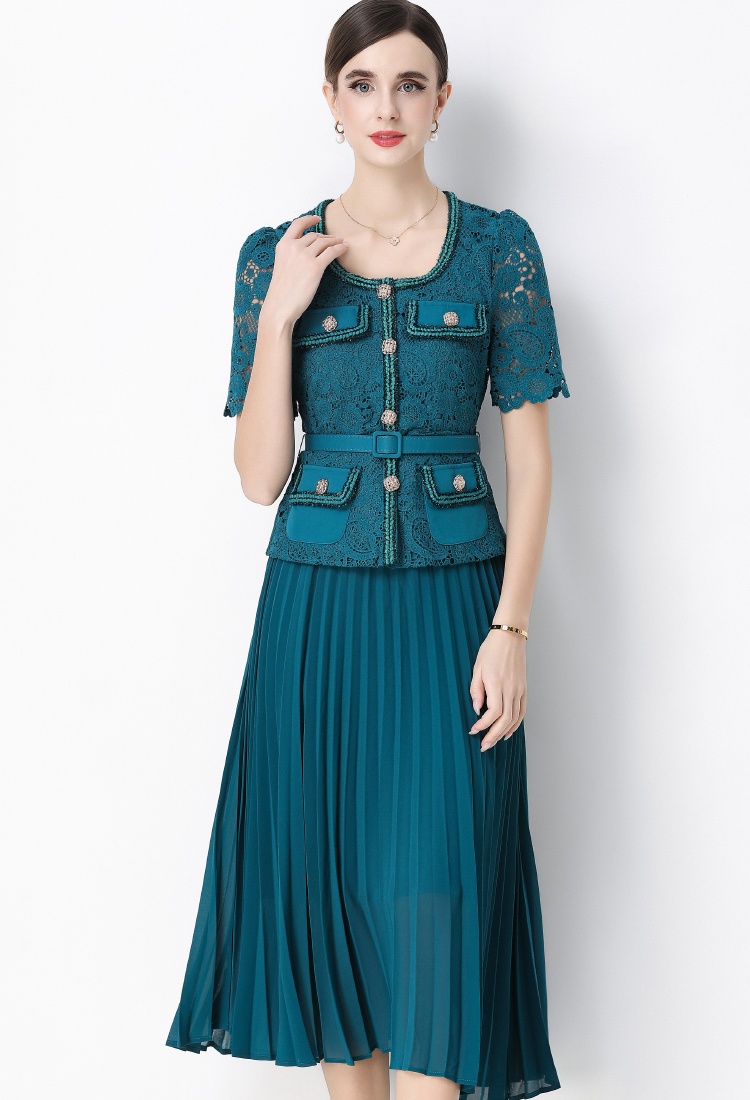 Pseudo-two ladies France style pleated splice dress