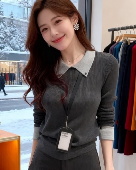 Slim long sleeve sweater lapel France style tops