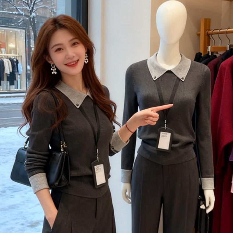 Slim long sleeve sweater lapel France style tops