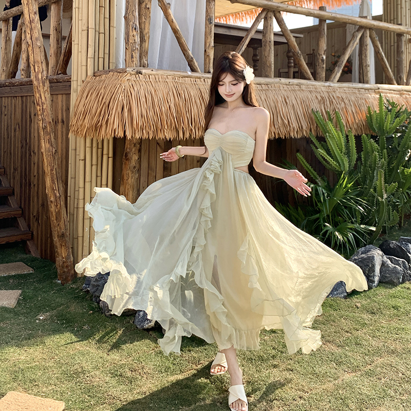 Green vacation lady dress temperament summer sling long dress