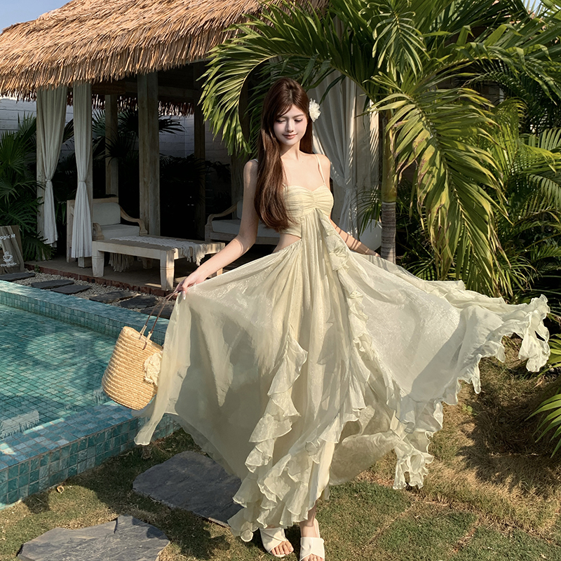 Green vacation lady dress temperament summer sling long dress