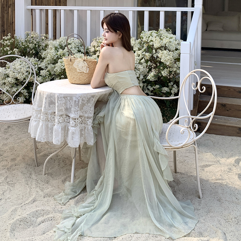 Green vacation lady dress temperament summer sling long dress