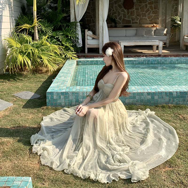 Green vacation lady dress temperament summer sling long dress