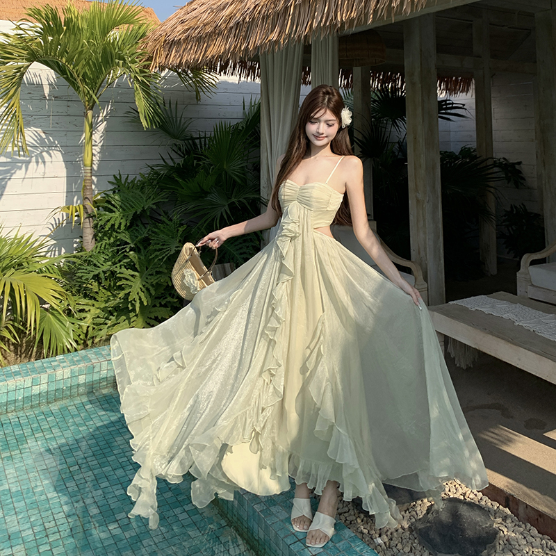 Green vacation lady dress temperament summer sling long dress