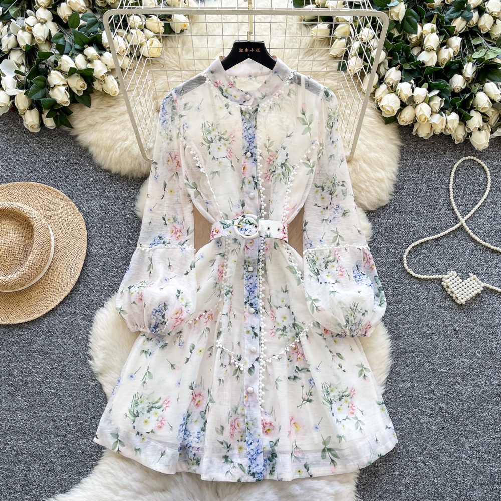 France style retro lace pearl buckle dress for women