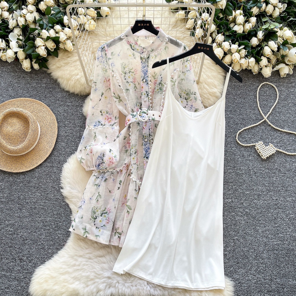 France style retro lace pearl buckle dress for women