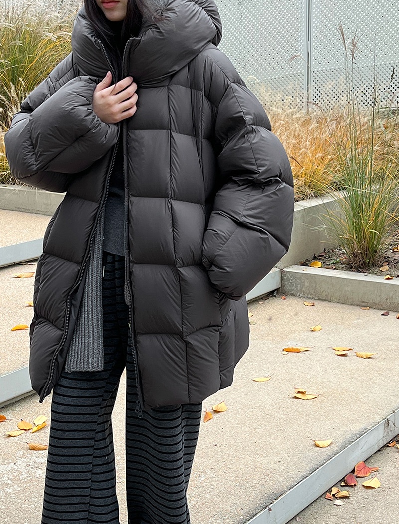 Korean style thermal down coat plaid hooded coat for women