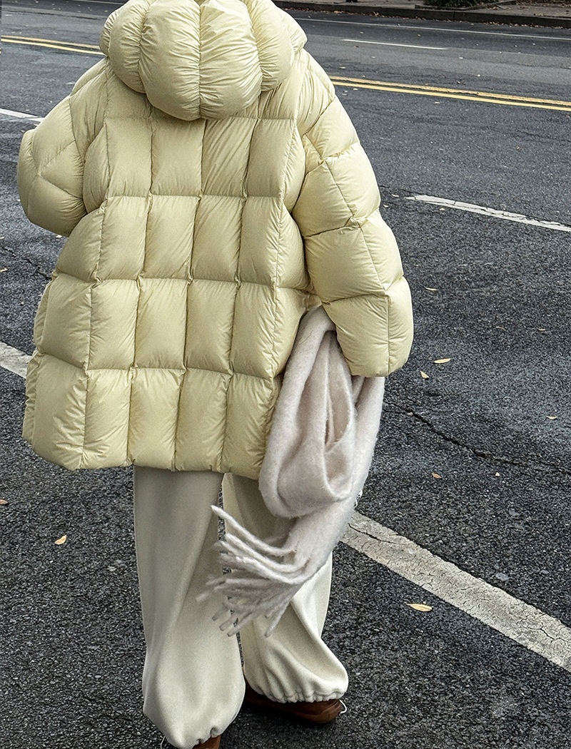 Korean style thermal down coat plaid hooded coat for women