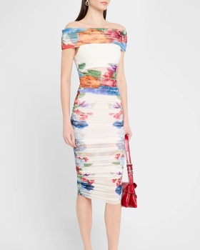 Horizontal collar fashion tops printing skirt a set