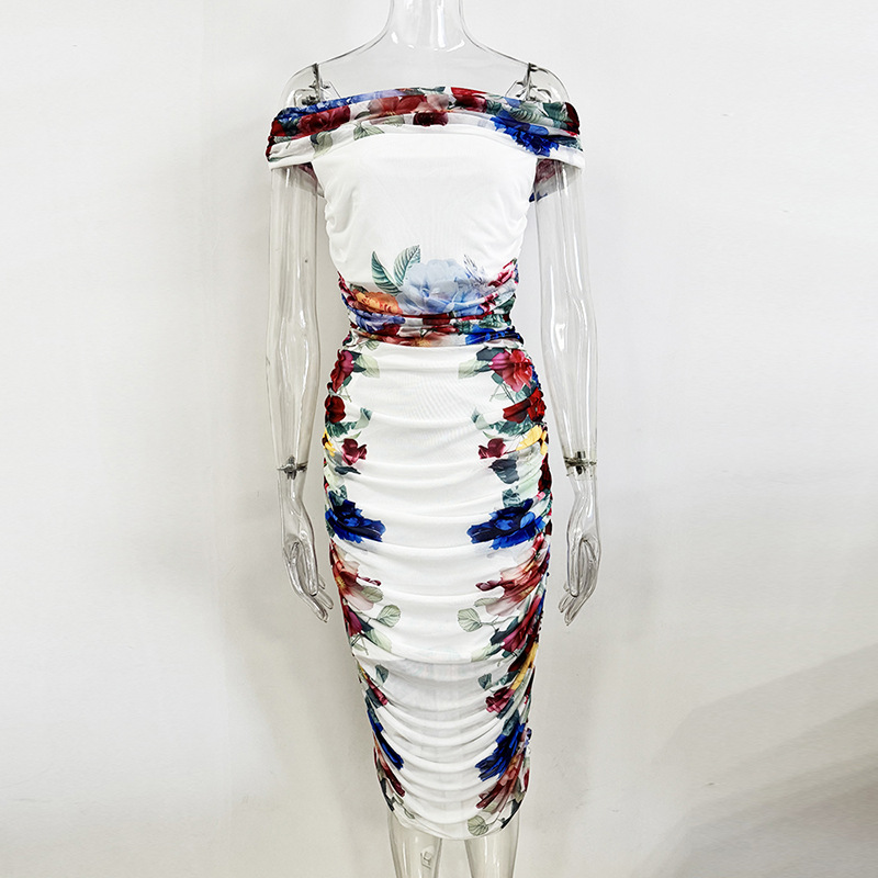 Horizontal collar fashion tops printing skirt a set