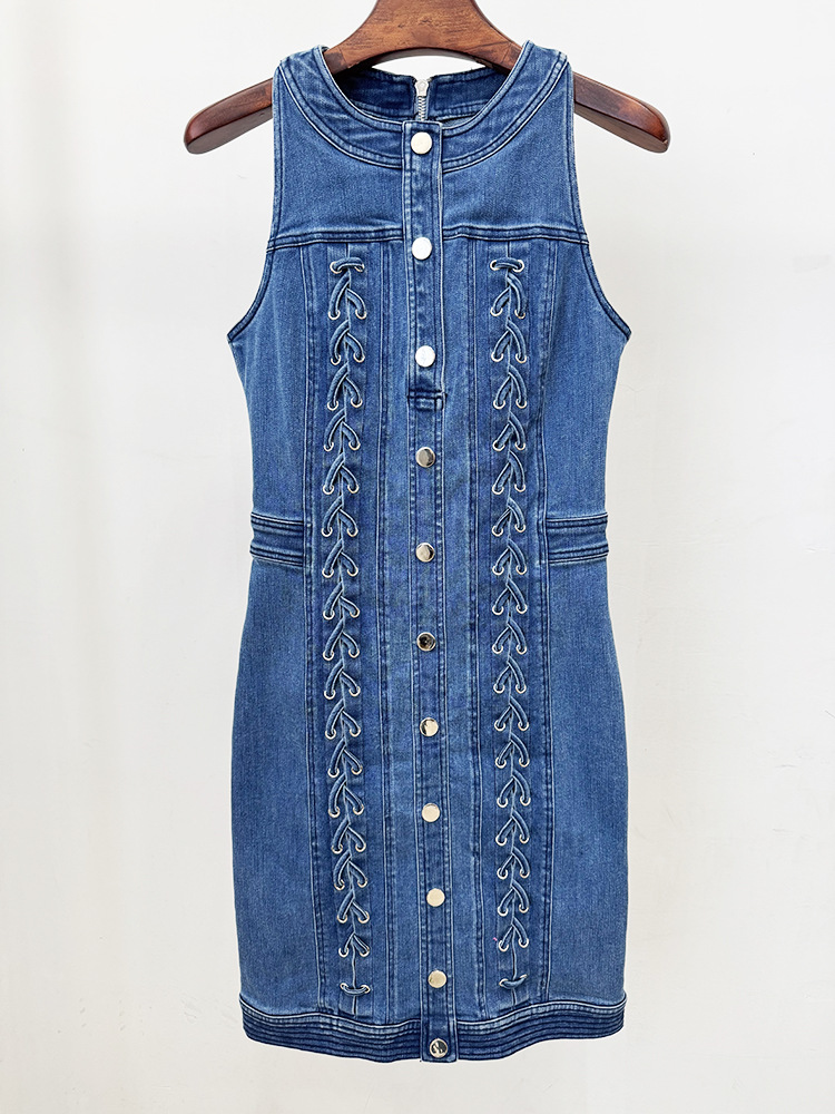 Fashion denim European style vest tying elasticity dress