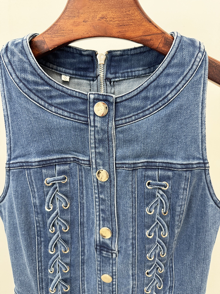 Fashion denim European style vest tying elasticity dress
