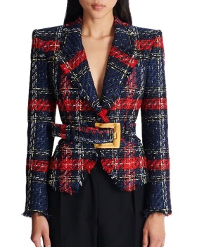 Slim European style coarse flower jacket spring plaid coat