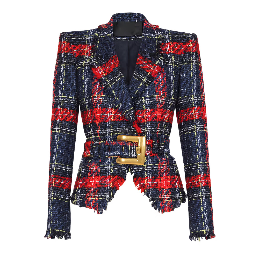 Slim European style coarse flower jacket spring plaid coat