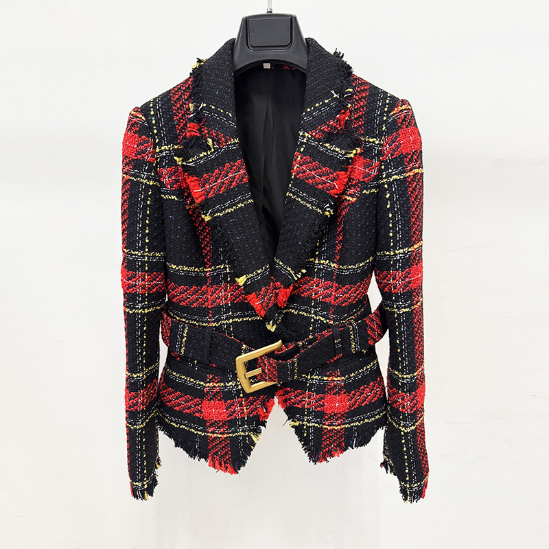 Slim European style coarse flower jacket spring plaid coat