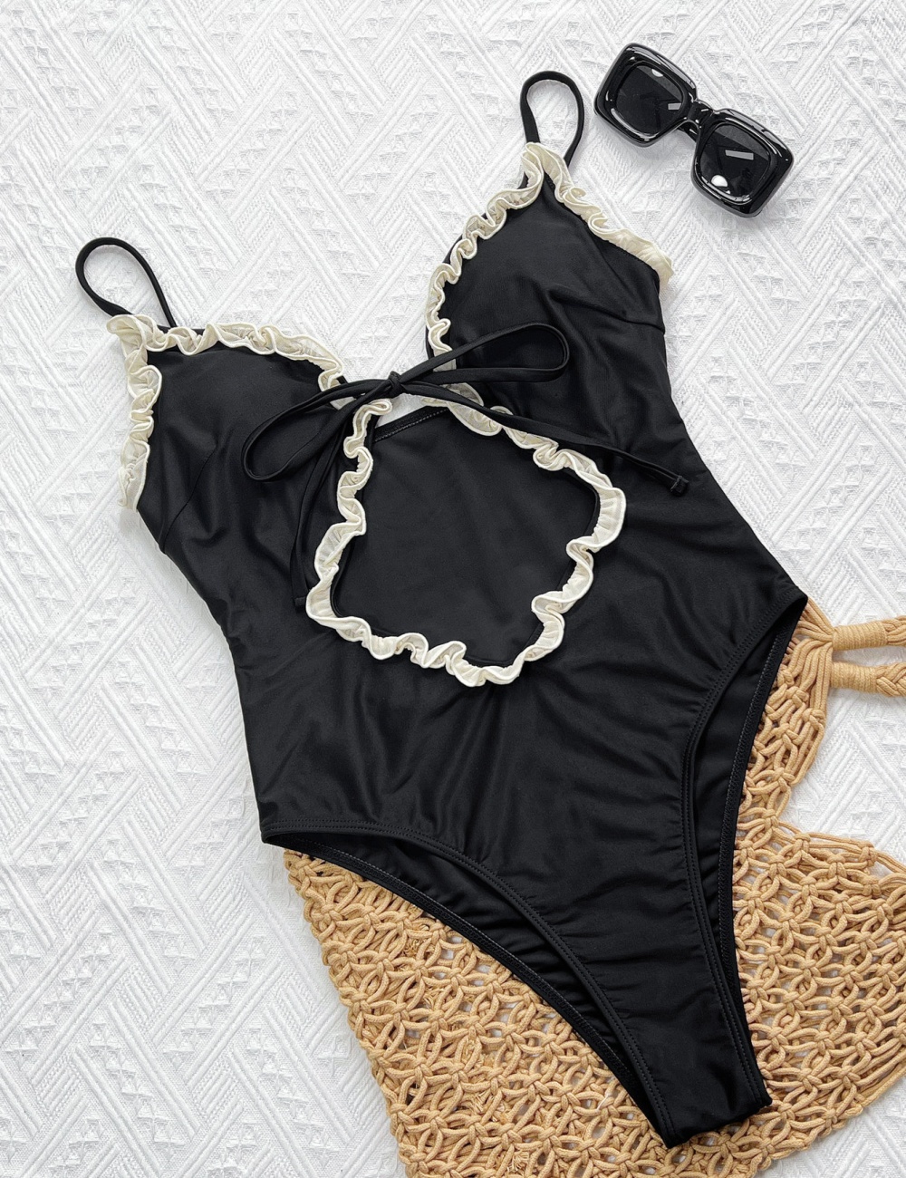 Bandage bikini hollow mixed colors conjoined swimwear