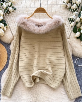 Fur collar simple pullover pit stripe loose sweater for women