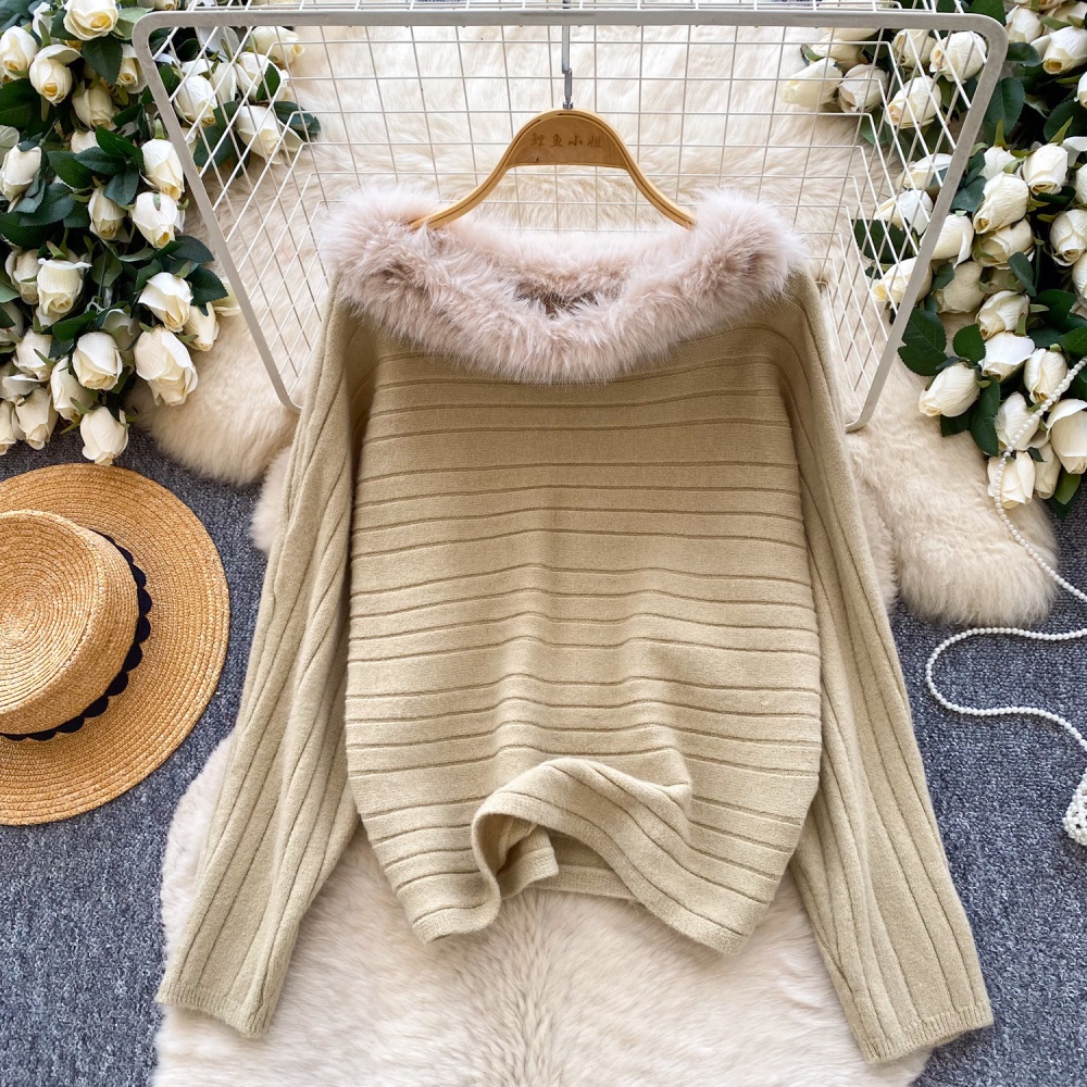 Fur collar simple pullover pit stripe loose sweater for women