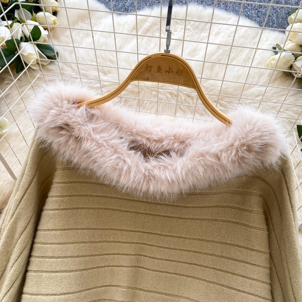 Fur collar simple pullover pit stripe loose sweater for women