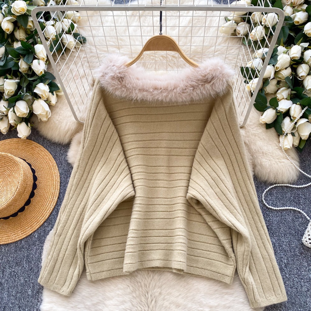 Fur collar simple pullover pit stripe loose sweater for women