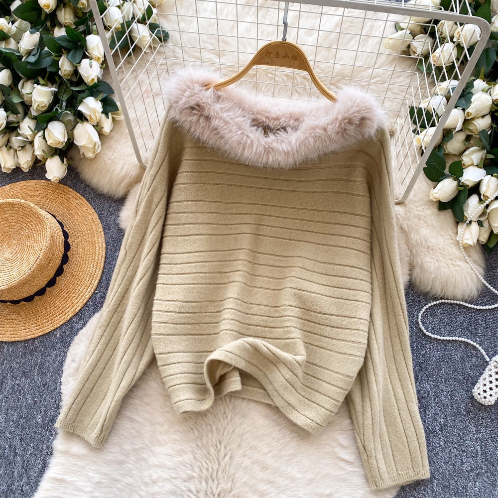 Fur collar simple pullover pit stripe loose sweater for women