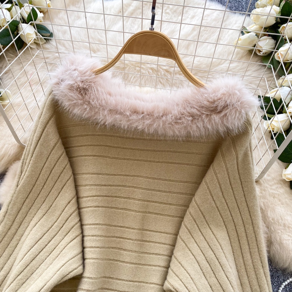 Fur collar simple pullover pit stripe loose sweater for women