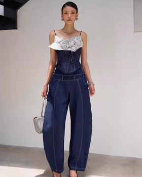 Sling denim flowers tops stereoscopic niche long pants a set