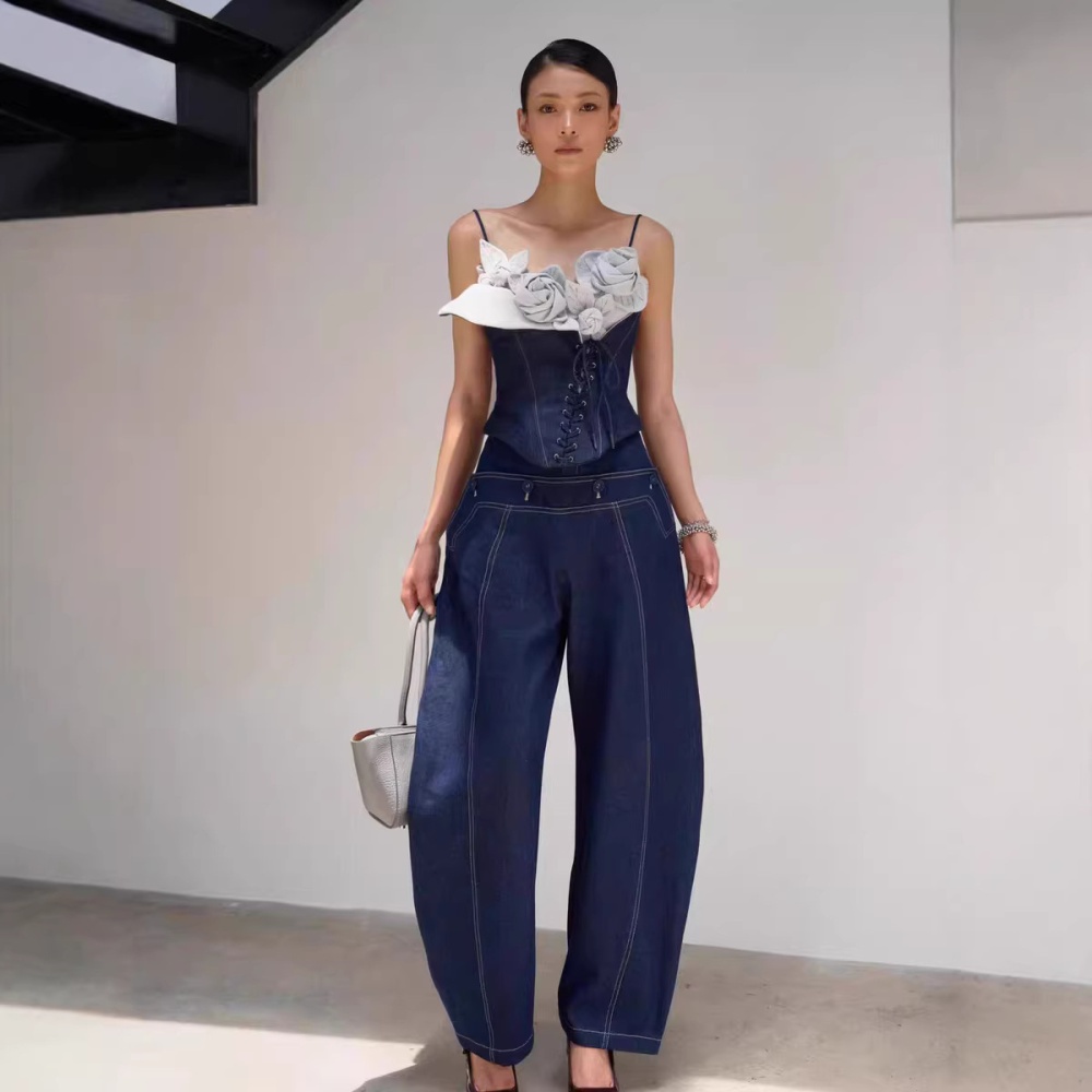 Sling denim flowers tops stereoscopic niche long pants a set
