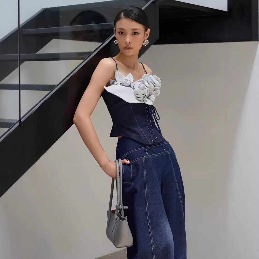 Sling denim flowers tops stereoscopic niche long pants a set