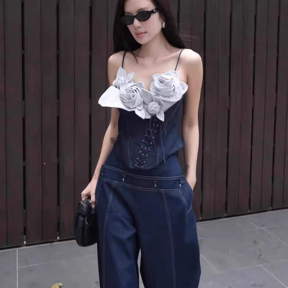 Sling denim flowers tops stereoscopic niche long pants a set
