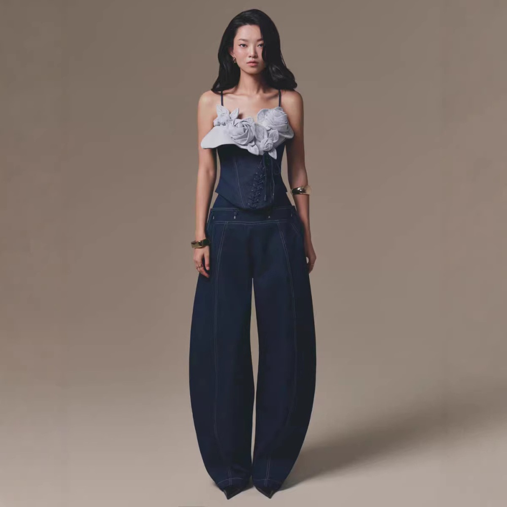 Sling denim flowers tops stereoscopic niche long pants a set