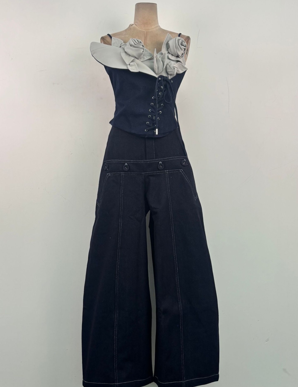 Sling denim flowers tops stereoscopic niche long pants a set