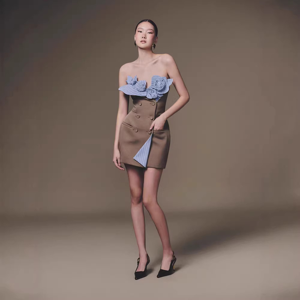 Niche double-breasted dress mixed colors temperament T-back