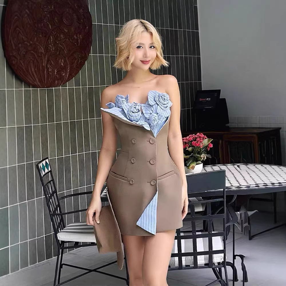 Niche double-breasted dress mixed colors temperament T-back