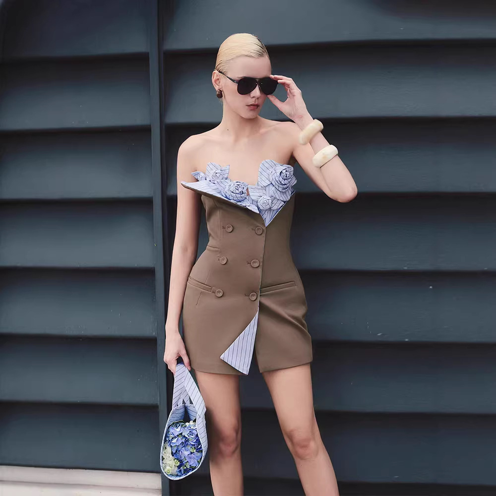 Niche double-breasted dress mixed colors temperament T-back