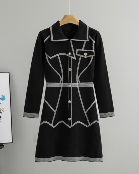 Chanelstyle long temperament stripe knitted dress