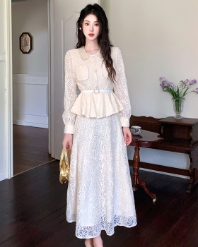 Pinched waist tops with belt long skirt 2pcs set